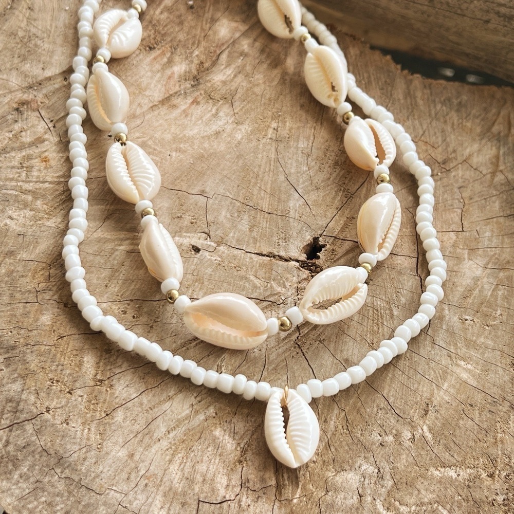 White Cream Gold Cowrie Shell Necklace Starfish Charm Layered Beach